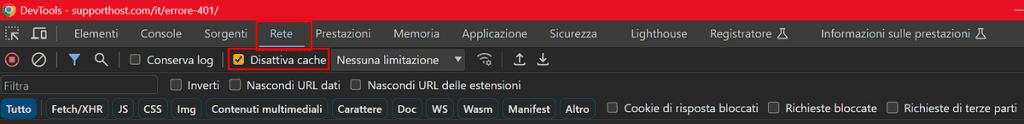 Chrome Devtools Rete Disattiva Cache