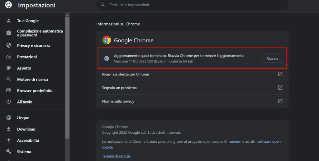 Riavviare Chrome Dopo Aggiornamento