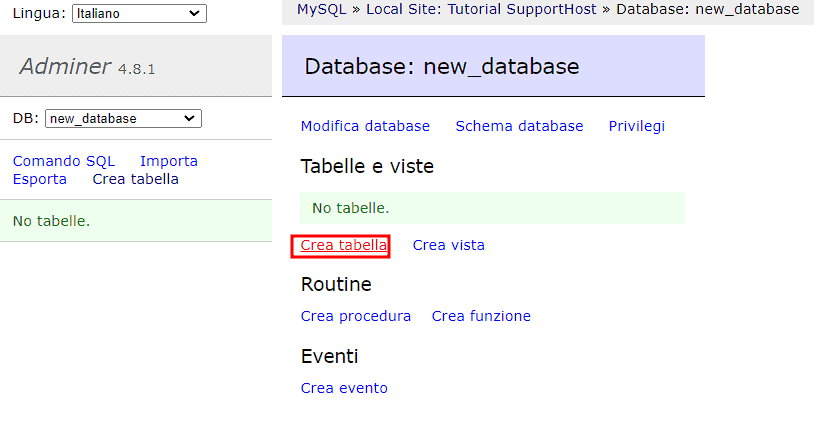 Adminer Crea Tabella Nel Database