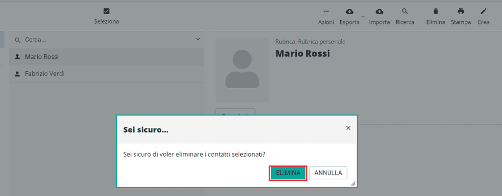 Conferma Eliminazione Contatto Rubrica Pec