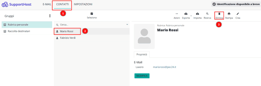 Eliminare Contatto Rubrica Pec
