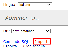 Importa Database Adminer