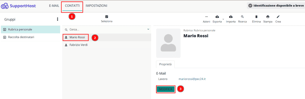 Modificare Contatto Rubrica Pec