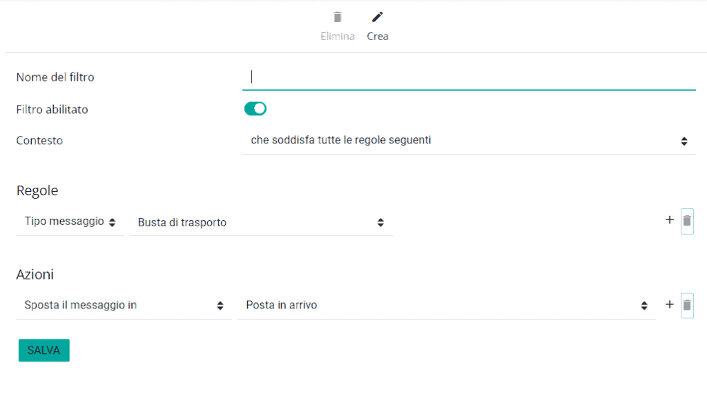 Schermata Creazione Filtro Pec