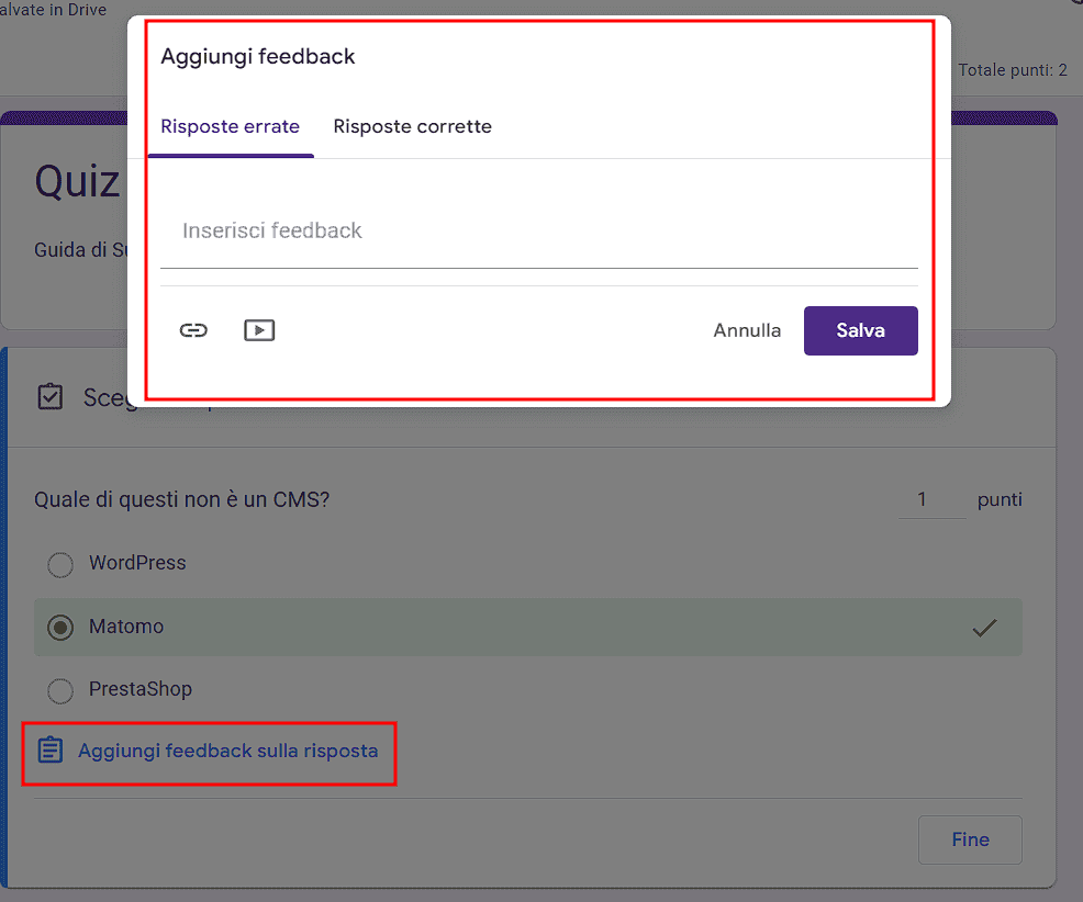 Feedback Risposta Quiz Google Moduli