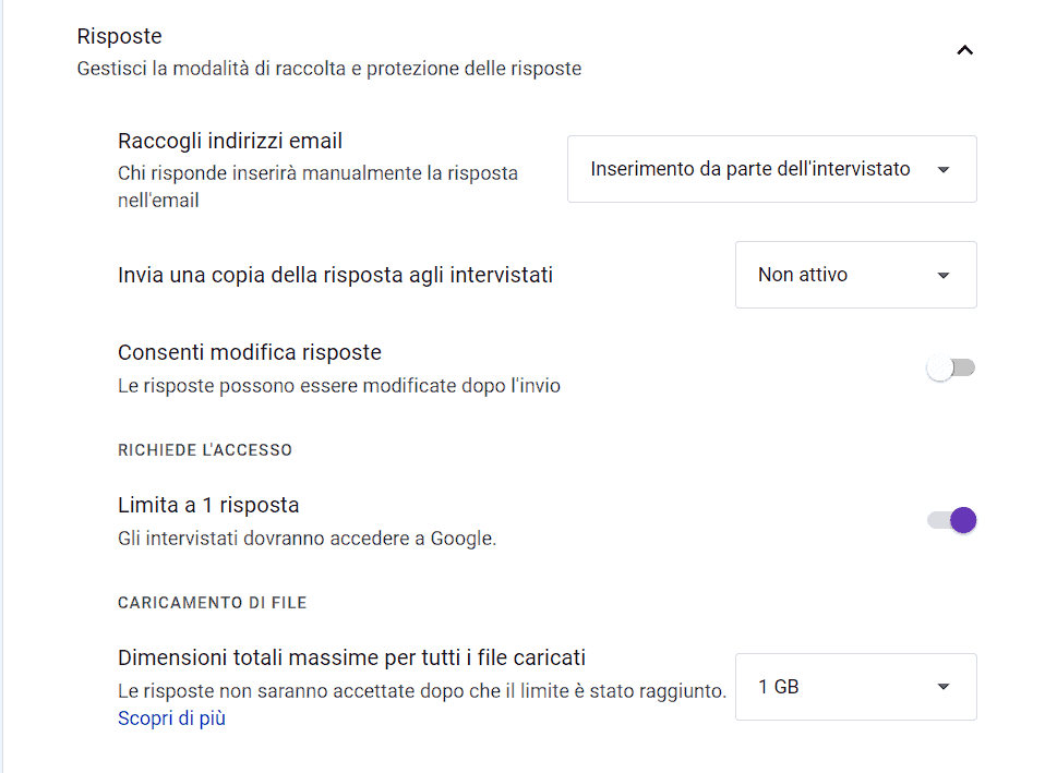 Impostazioni Risposte Google Moduli