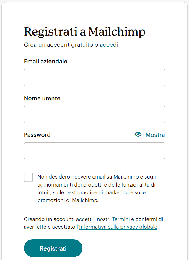 Registrazione A Mailchimp