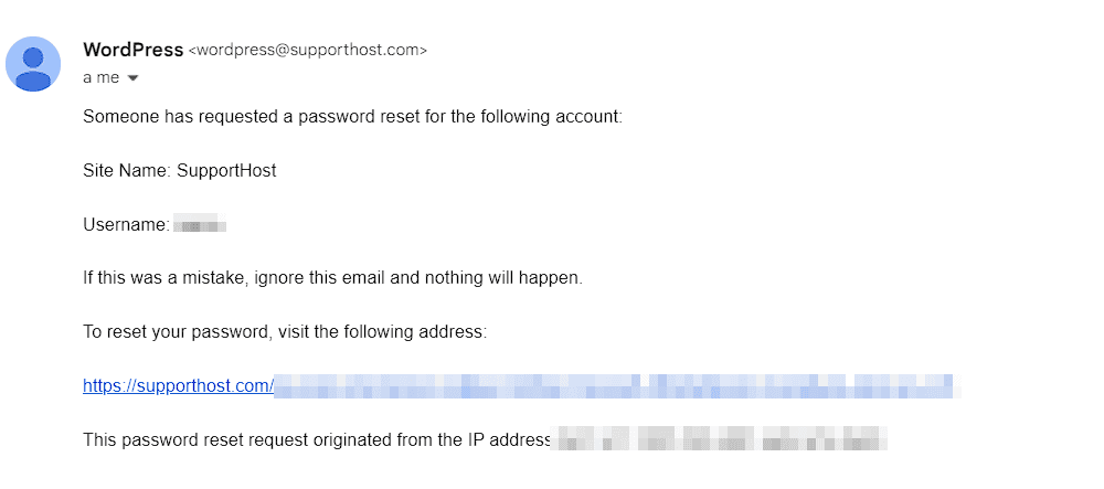 Esempio Email Reset Password WordPress