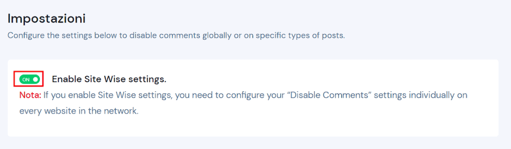 Site Wise Settings Disable Comments