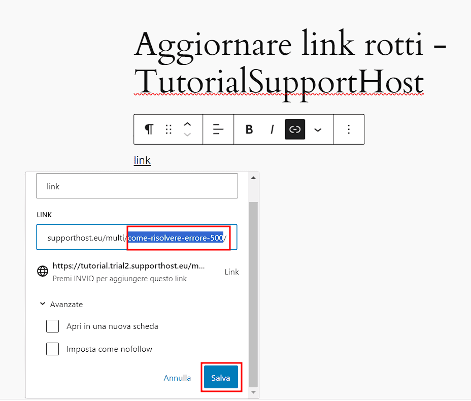 Aggiornare Link Rotto Esempio WordPress