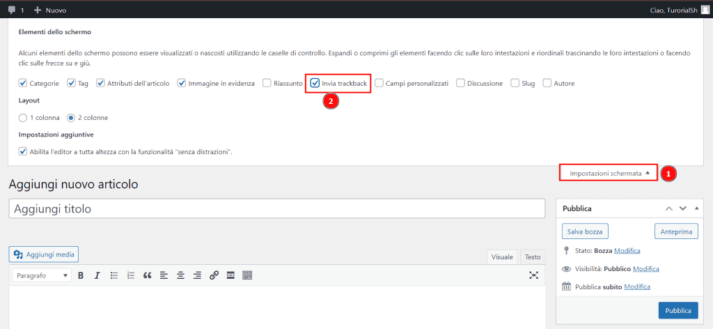 Attivare Impostazione Trackback WordPress Classic Editor