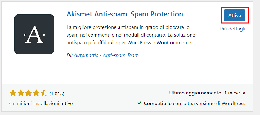 Attivare Plugin Askimet