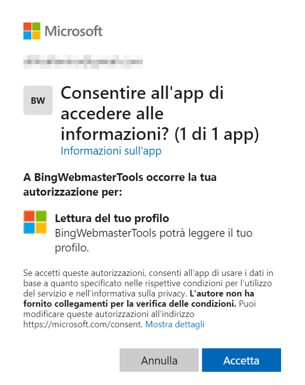 Autorizzazione per accedere a Bing