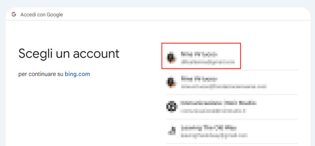 Bing selezione account Google