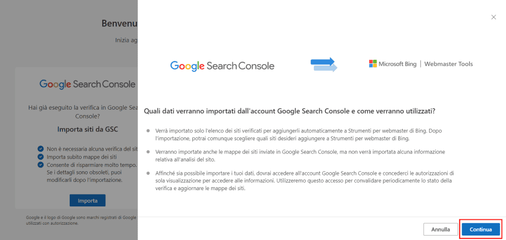 Bing importazione dati da Search Console 