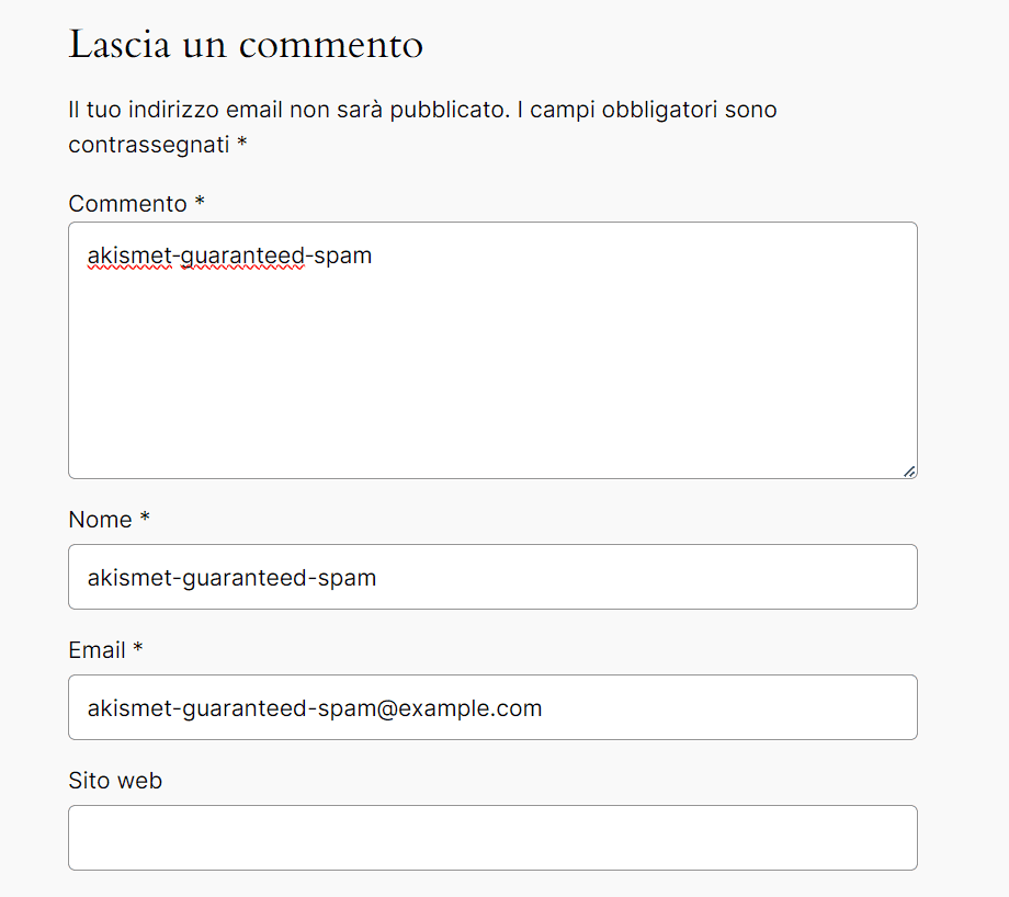 Commento Per Testare Se Akismet Funziona