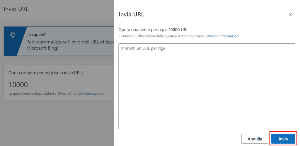 Invio Url Webmaster Tools