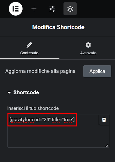 Aggiungere Shortcode Gravity Forms Elementor