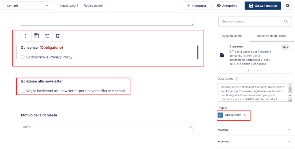 Aggiunta Campi Consenso Modulo Gravity Forms