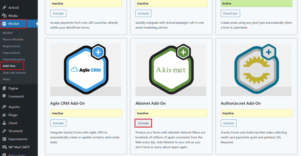 Attivare Akismet Add On Gravity Forms