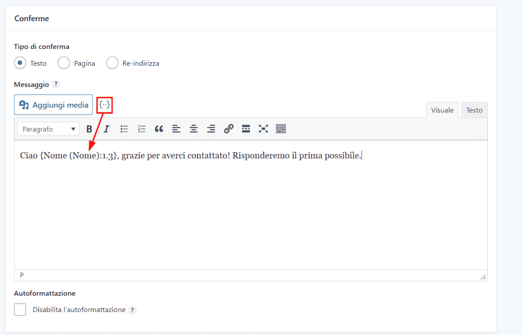 Conferma Testo Tag Gravity Forms