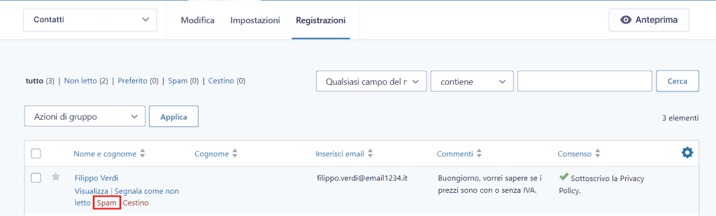 Contrassegnare Registrazione Spam Gravity Forms