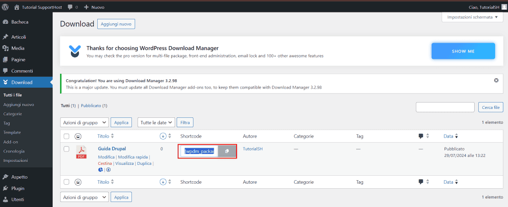 Copiare Shortcode Download Manager