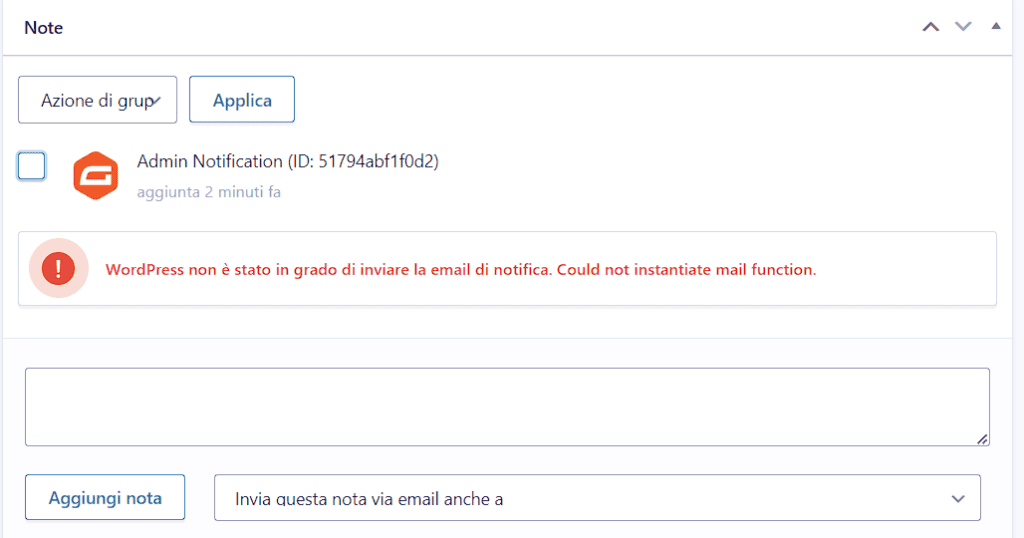 Errore Invio Note Registrazione Modulo Gravity Forms