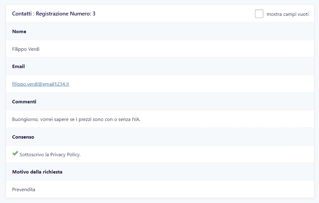 Esempio Registrazione Form Contatto Gravity Forms