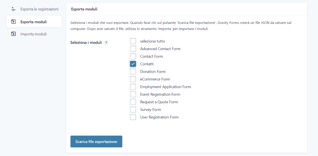 Gravity Forms Esporta Moduli
