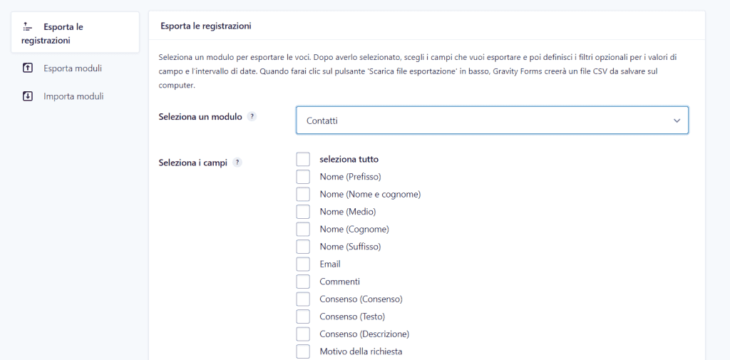 Gravity Forms Esporta Registrazioni