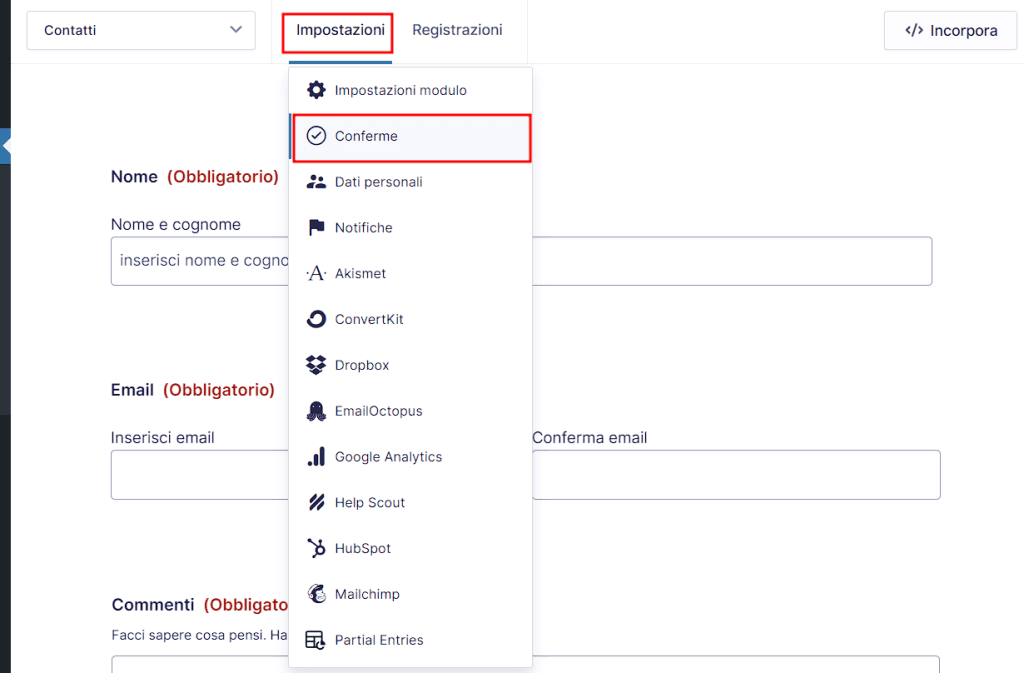 Gravity Forms Impostazioni Conferme
