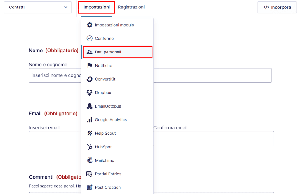 Gravity Forms Impostazioni Dati Personali