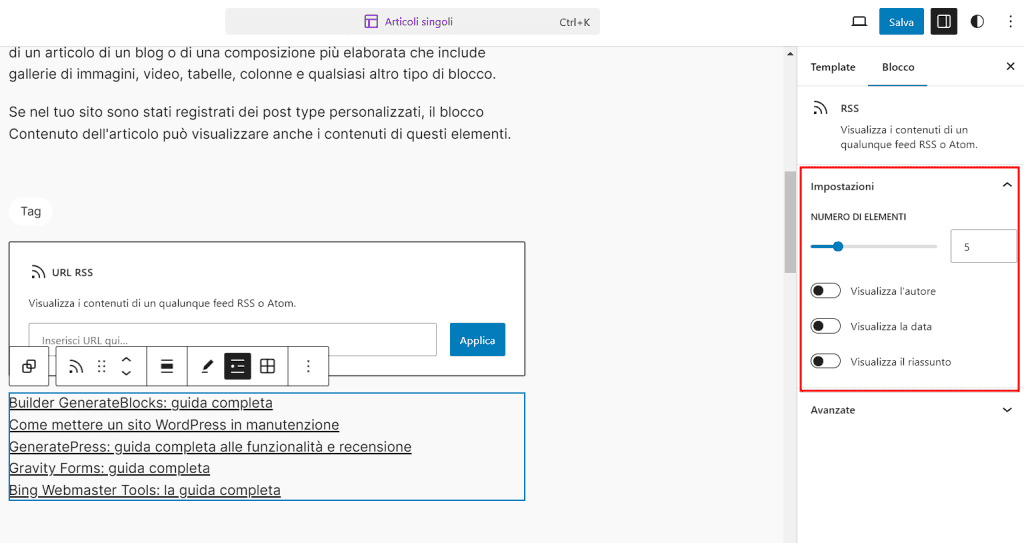 Impostazioni Blocco Rss Gutenberg