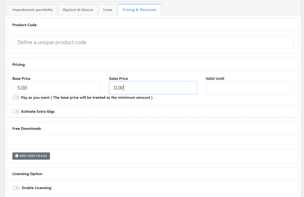 Impostazioni Pricing Download Manager