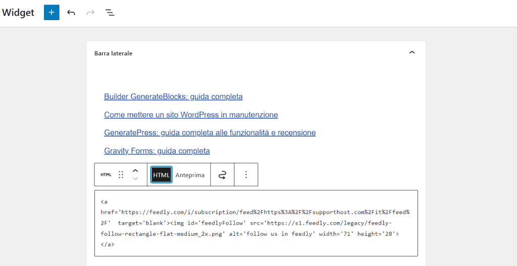 Inserire Codice Html Pulsante Feedly Widget WordPress