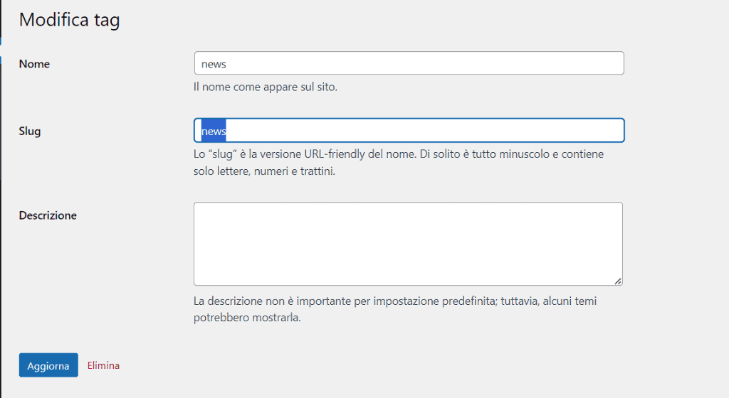 Modificare Slug Tag WordPress