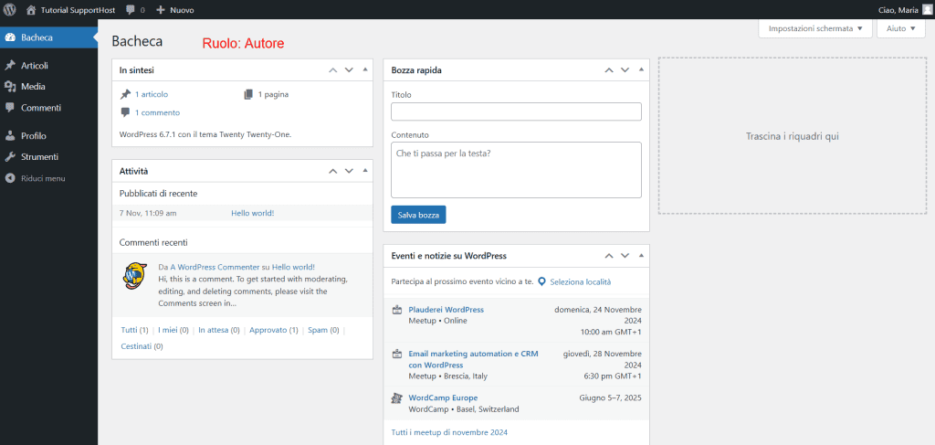 Bacheca Ruolo Autore WordPress Ruoli