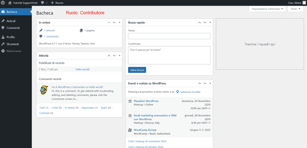Bacheca Ruolo Contributore WordPress Ruoli