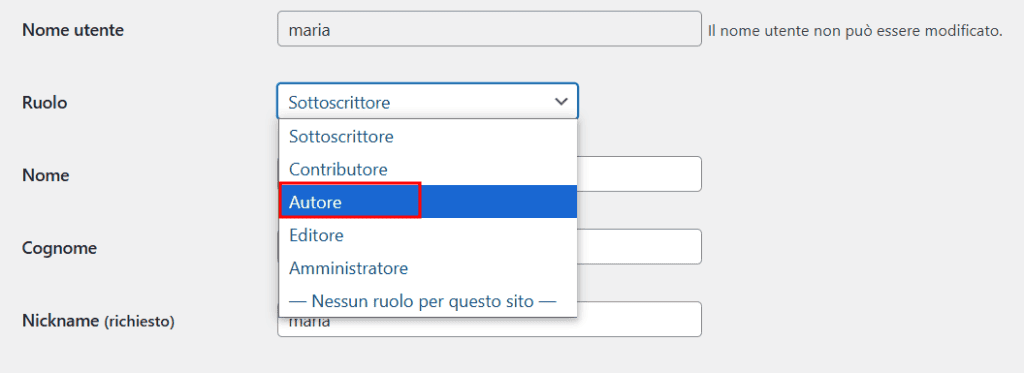 Modificare Ruolo Utente Esempio