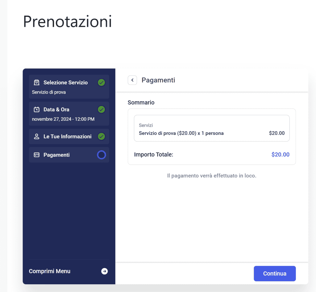 Plugin Prenotazioni WordPress Frontend