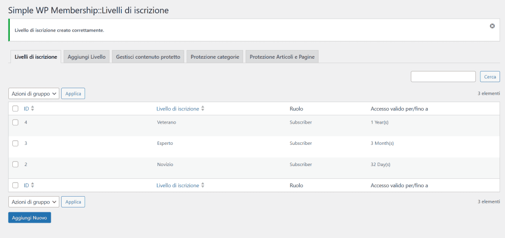 Simple Membership Livelli Iscrizione Creati Esempio