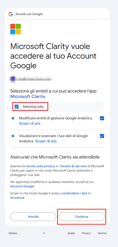 Autorizzazioni Clarity Google Analytics