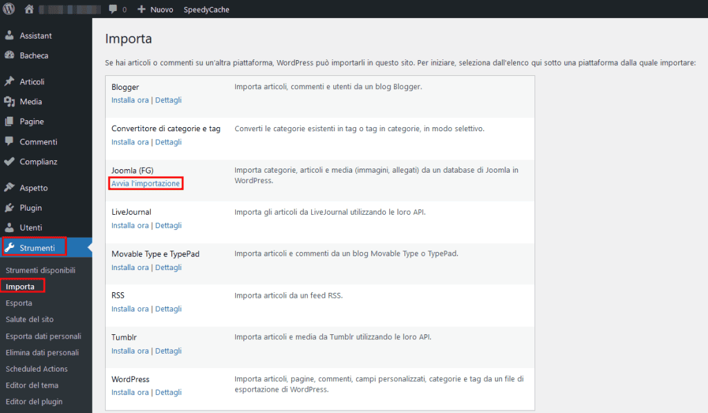 Avvia Importazione Joomla Fg Su WordPress