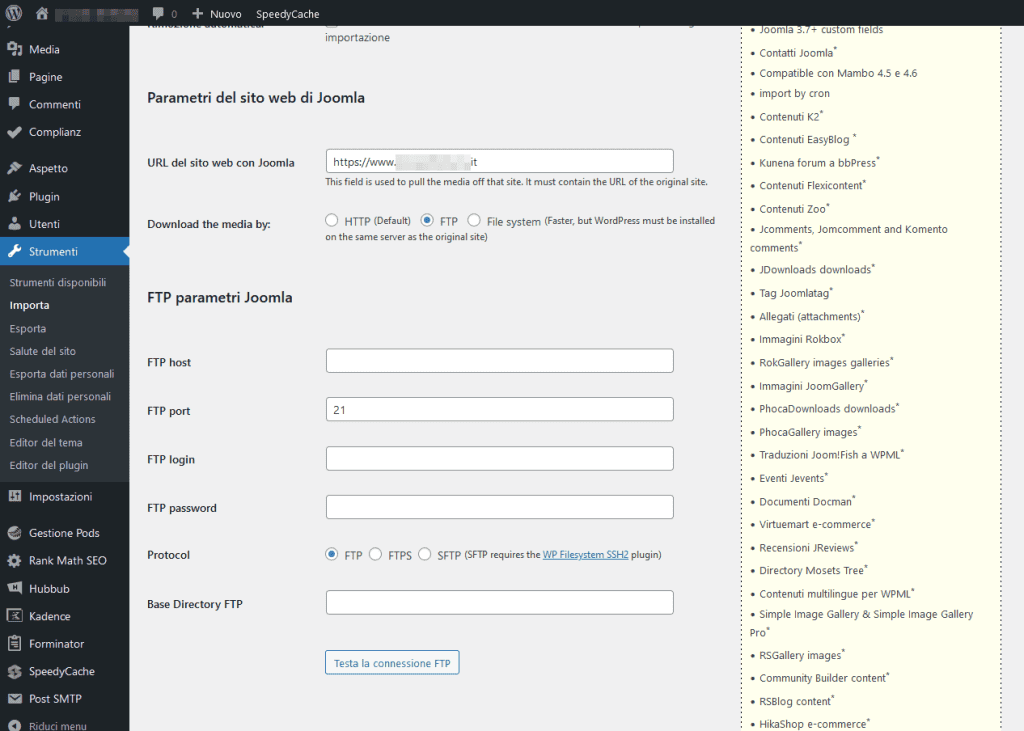 Importare Joomla Fg Metodo Ftp