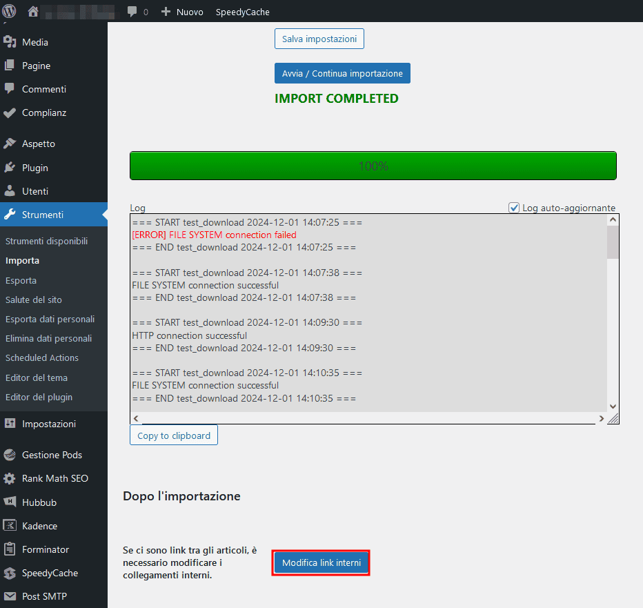 Importazione Joomla Completata Modifica Link Interni