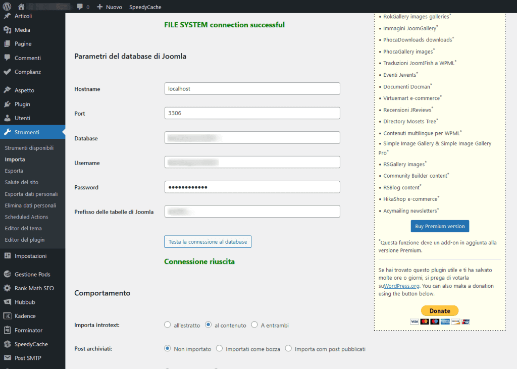 Inserire Dati Database Per Avviare Importazione Joomla A WordPress