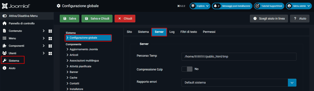 Joomla Sistema Configurazione Globale Server