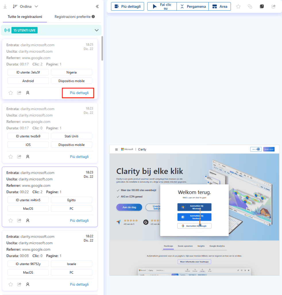 Microsoft Clarity Analytics Sessioni