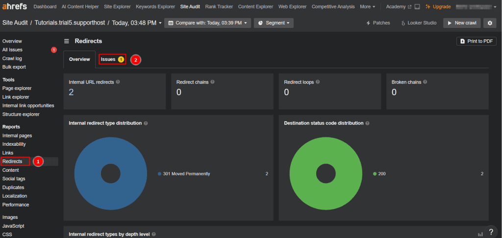 Report Redirect Dashboard Ahrefs